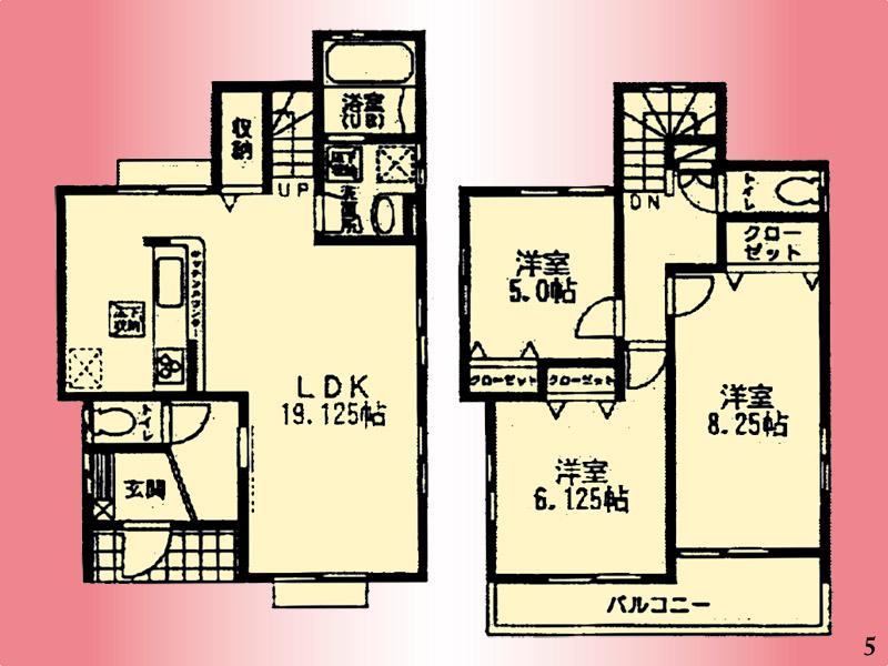 Floor plan. (5 Building), Price 36,800,000 yen, 3LDK, Land area 104.73 sq m , Building area 92.74 sq m