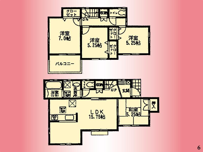 Floor plan. (6 Building), Price 38,800,000 yen, 4LDK, Land area 104.73 sq m , Building area 93.56 sq m