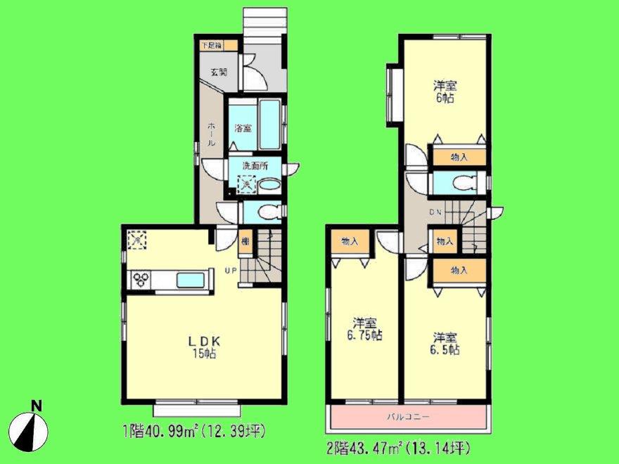 Floor plan. (Building 2), Price 35,800,000 yen, 3LDK, Land area 96.43 sq m , Building area 84.46 sq m