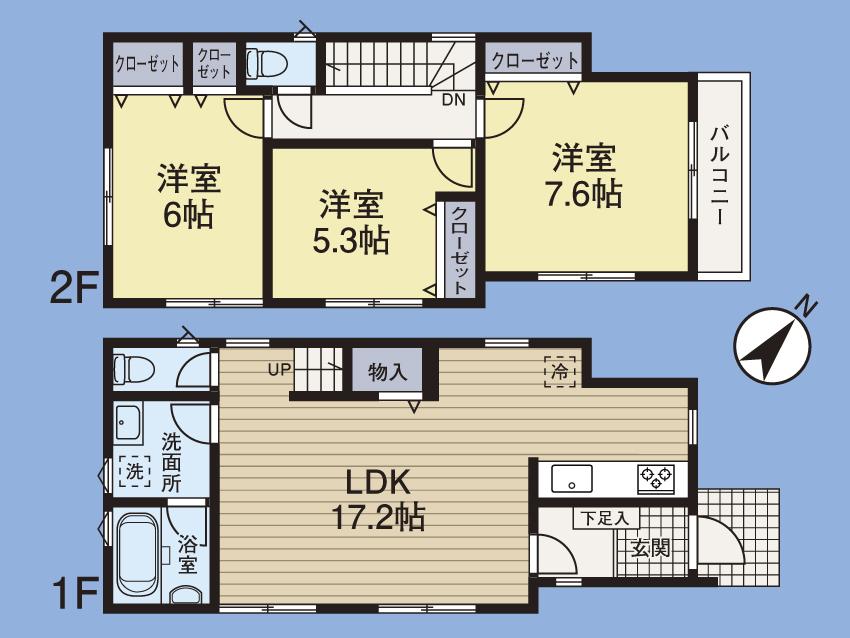 Floor plan. (H Building), Price 34,426,000 yen, 3LDK, Land area 87.11 sq m , Building area 85.83 sq m