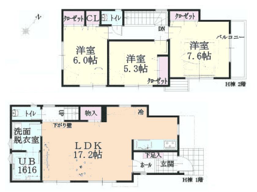 Floor plan. (H Building), Price 34,300,000 yen, 3LDK, Land area 87.11 sq m , Building area 85.83 sq m