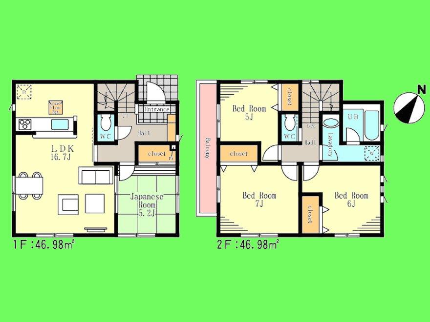 Floor plan. (1 Building), Price 35,800,000 yen, 4LDK, Land area 98.04 sq m , Building area 93.96 sq m