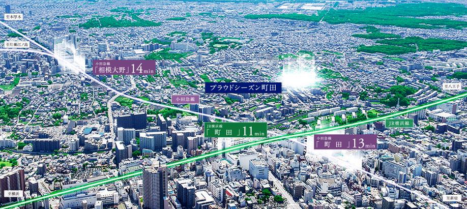 aerial photograph. 3 Station 3 routes available. JR "Machida" station walk 11 minutes, Odakyu line "Sagami" station walk 14 minutes and two big terminals living area.  Local peripheral aerial photographs ( ※ Which was subjected to a CG processing in 2013 May captured aerial photographs, In fact the different. )