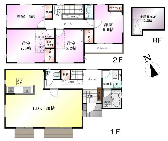 Floor plan. (3 Building), Price 58,800,000 yen, 4LDK, Land area 134.36 sq m , Building area 104.23 sq m