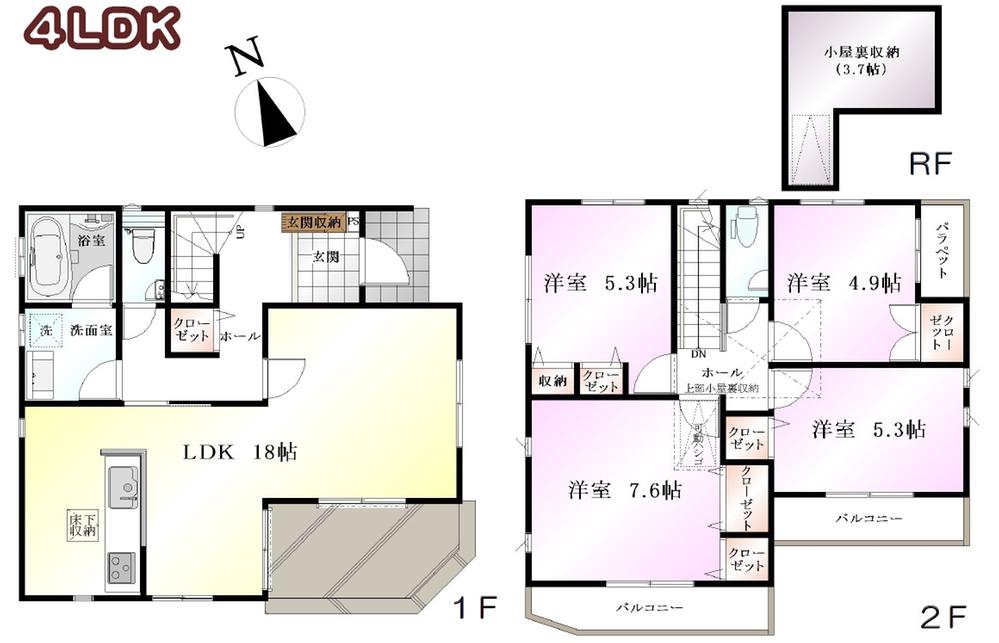 Floor plan. (1 Building), Price 65,800,000 yen, 4LDK, Land area 125.5 sq m , Building area 100.33 sq m