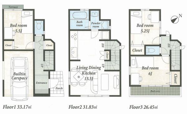 Floor plan. (B Building), Price 28,900,000 yen, 3LDK, Land area 53.33 sq m , Building area 91.45 sq m