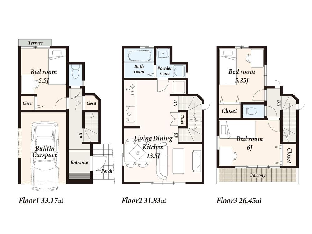 Floor plan. (B Building), Price 28,900,000 yen, 3LDK, Land area 53.33 sq m , Building area 91.45 sq m