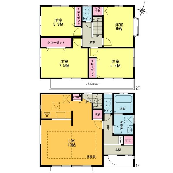 Floor plan. (Building 2), Price 51,800,000 yen, 4LDK, Land area 182.65 sq m , Building area 101.85 sq m