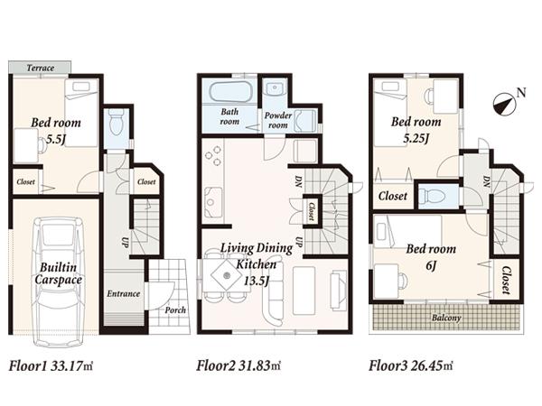 Floor plan. (B Building), Price 28,900,000 yen, 3LDK, Land area 53.33 sq m , Building area 91.45 sq m