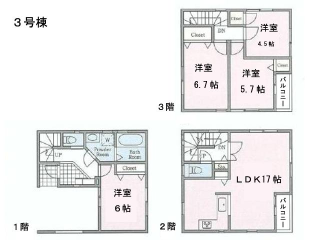 Floor plan. (3 Building), Price 39,800,000 yen, 4LDK, Land area 70.33 sq m , Building area 108.87 sq m