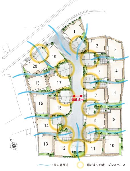 The entire compartment Figure. By Tonariawaseru the carport, Ensure the light and Kazenotoorimichi. Creating a relaxed certain streets provided with a development road of about 5.5m (the entire compartment view)