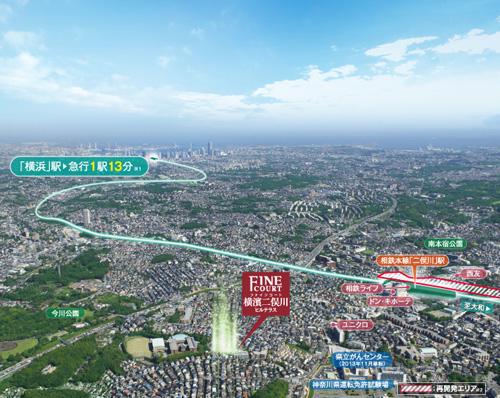 aerial photograph. Access to the city is also comfortable, Future and convenience, Rich natural to realize the living environment "Futamatagawa life" in harmony (in fact a slightly different is the addition of CG processing to those that were taken as seen from the sky site in September 2013)