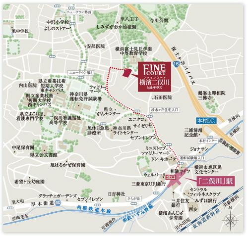Local guide map. Green is watered park are many dotted, "Futamatagawa" of rich natural living environment. Fine coat Yokohama Futamatagawa Hiruterasu is located in a quiet residential area of the hill. (Local guide map)