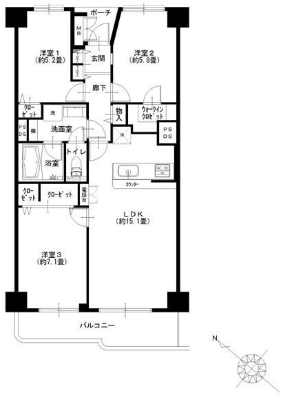 Floor plan. 3LDK, Price 34,900,000 yen, Occupied area 74.37 sq m , Balcony area 8.14 sq m
