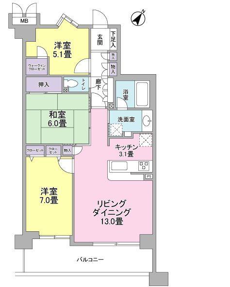 Floor plan. 3LDK, Price 27,900,000 yen, Occupied area 75.35 sq m , Balcony area 12.39 sq m