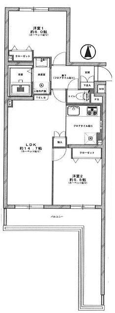 Floor plan. 2LDK, Price 18,800,000 yen, Occupied area 57.79 sq m , Balcony area 12.69 sq m