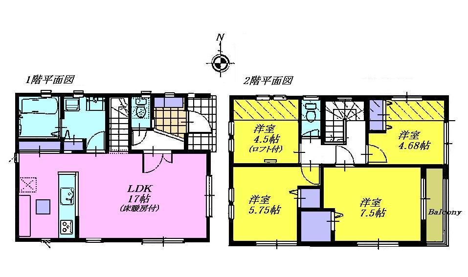 Floor plan. 35,800,000 yen, 4LDK, Land area 77.79 sq m , And LDK17 Pledge of building area 89.9 sq m with a floor heating, Western-style 7.5 Pledge ・ Western-style 5.75 Pledge ・ Western-style 4.68 Pledge ・ Is a floor plan of 4LDK of Western-style 4.5 Pledge. Also it has a loft.