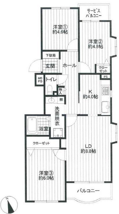Floor plan. 3LDK, Price 17.3 million yen, Occupied area 65.66 sq m , Balcony area 6.17 sq m southeast angle room!  Sunny