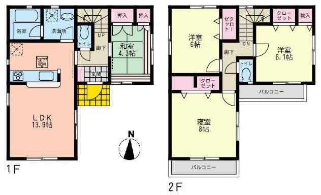 Floor plan. (Building 2), Price 36,800,000 yen, 4LDK, Land area 100.49 sq m , Building area 91.12 sq m