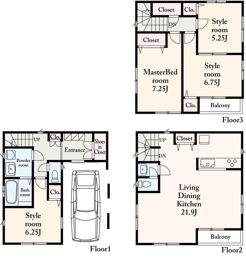 Building plan example (floor plan). Building plan example (A) 4LDK, Land price 23,840,000 yen, Land area 61.86 sq m , Building price 12,960,000 yen, Building area 124.81 sq m