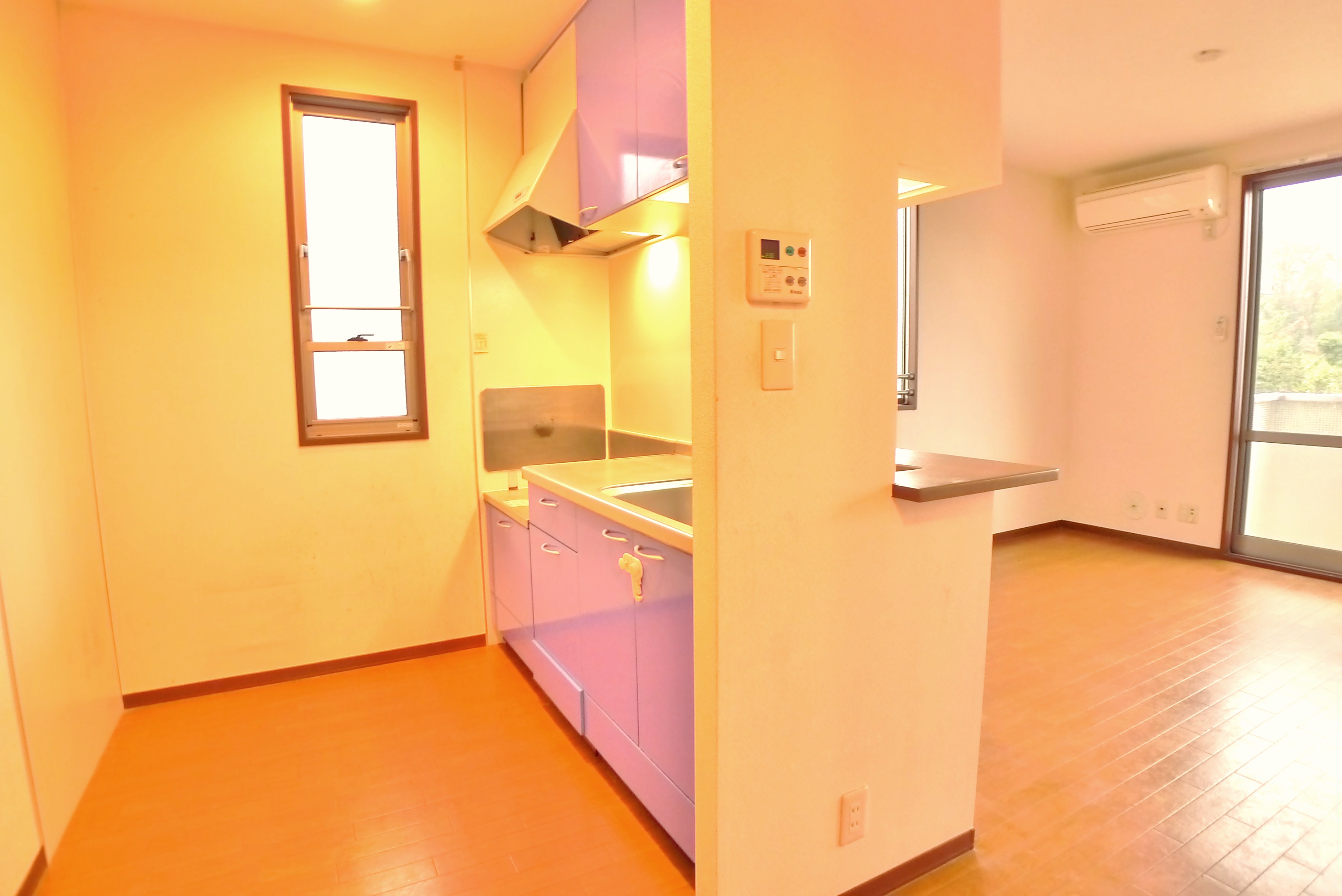 Kitchen. Face-to-face counter kitchen small window with a propane gas system