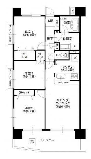 Floor plan. 3LDK, Price 33,900,000 yen, Occupied area 67.41 sq m , Balcony area 11.11 sq m