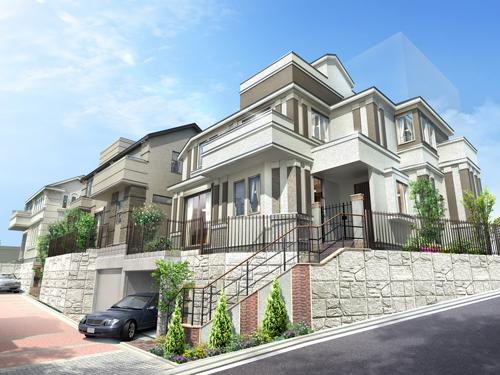 Cityscape Rendering. Taking advantage of the corner lot of two-way road, which is located on a hill that opened in the southwest, The adoption of the terraced design, Sunshine rich and distribution building plan with the aim of a good house well-ventilated. or, The car space is continuously arranged, Creating the streets of wind and sunny spot (streets Rendering)