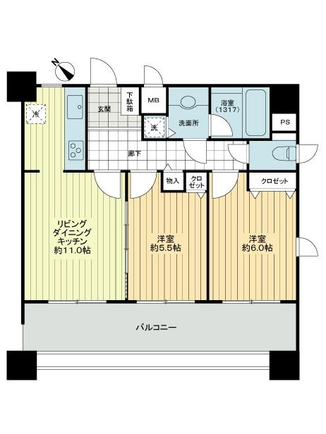 Floor plan. 2LDK, Price 29,800,000 yen, Occupied area 53.95 sq m , Balcony area 16.6 sq m