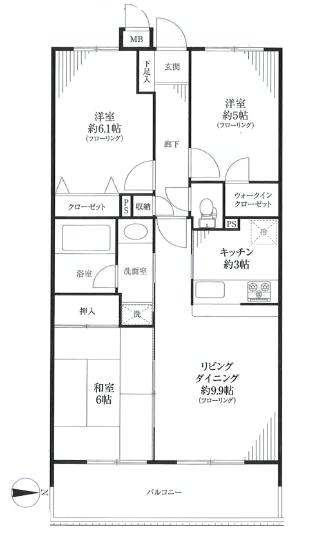 Floor plan. 3LDK, Price 27,800,000 yen, Footprint 66.4 sq m , Balcony area 9 sq m