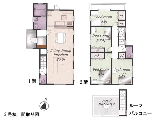 Floor plan. (3 Building), Price 35,800,000 yen, 4LDK, Land area 108.89 sq m , Building area 108.87 sq m