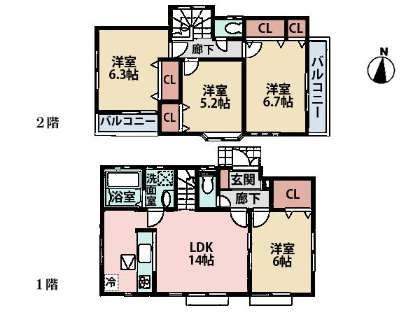 Floor plan. (1 Building), Price 32,800,000 yen, 4LDK, Land area 107.33 sq m , Building area 91.09 sq m
