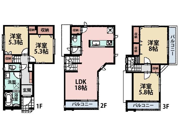 Floor plan. (A Building), Price 43,800,000 yen, 4LDK, Land area 70.8 sq m , Building area 107.48 sq m