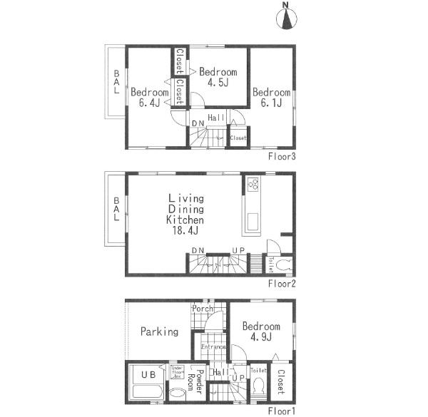 Floor plan. (B Building), Price 39,800,000 yen, 4LDK, Land area 57.26 sq m , Building area 104.94 sq m