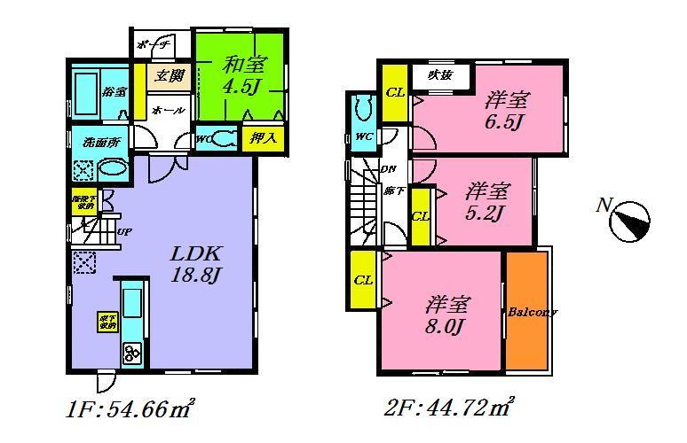 Floor plan. 48,800,000 yen, 4LDK, Land area 154.53 sq m , With a building area of ​​99.38 sq m face-to-face kitchen LDK18.8 Pledge and the main bedrooms 8 pledge is a floor plan of 4LDK. All room is with storage. 