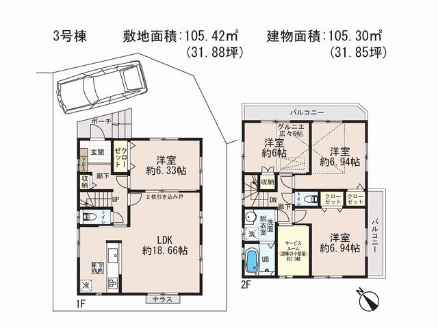 Floor plan. (3 Building), Price 46,300,000 yen, 4LDK+S, Land area 105.42 sq m , Building area 105.3 sq m