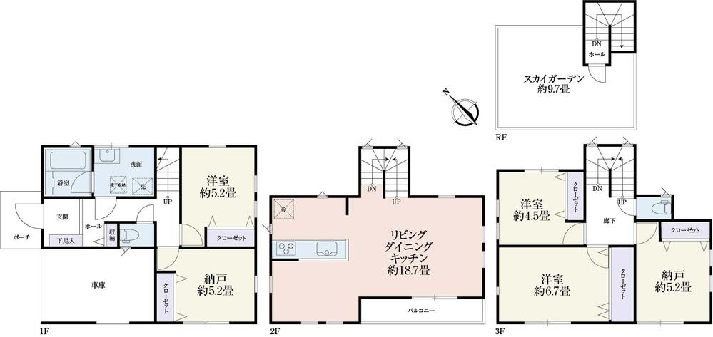 Floor plan. (5 Building), Price 40,800,000 yen, 3LDK+2S, Land area 78.52 sq m , Building area 127.51 sq m