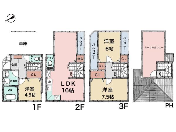 Floor plan. (6 Building), Price 27,960,000 yen, 3LDK, Land area 54.02 sq m , Building area 101.73 sq m