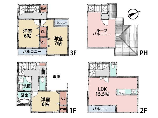 Floor plan. (Building 2), Price 29,960,000 yen, 1LDK+2S, Land area 51.83 sq m , Building area 95.83 sq m