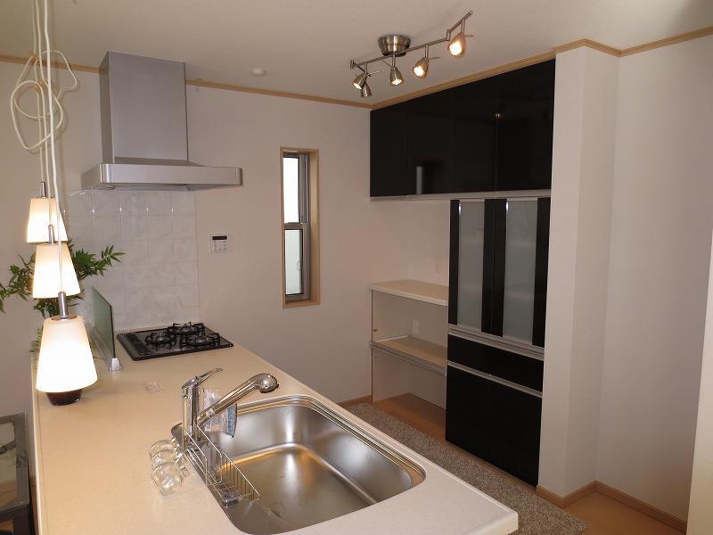 Kitchen. Bright face-to-face kitchen with cupboard