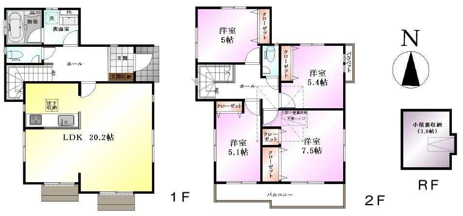 Floor plan. (1 Building), Price 57,800,000 yen, 4LDK, Land area 113.31 sq m , Building area 105.16 sq m