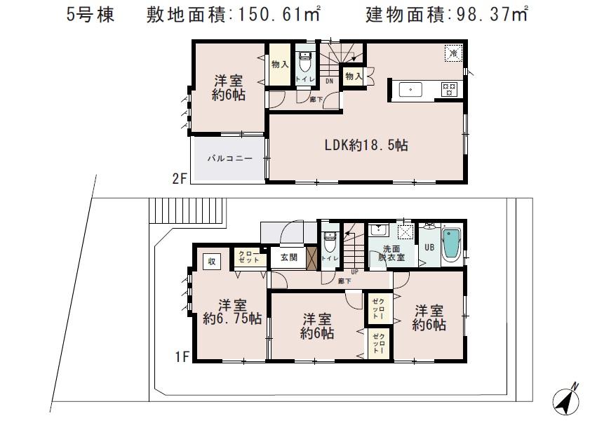 Floor plan. (5 Building), Price 38,300,000 yen, 4LDK, Land area 150.61 sq m , Building area 98.37 sq m