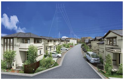 Was a 165 sq m or more of the site area, Birth all 95 House drawn by clear some scale in the city of "Nagatsuta". Big spread sky and adjacent park ・ Beautiful green space, City whole view, such as wrapped in nature, Landscape design considering the harmony (rooftops Rendering)