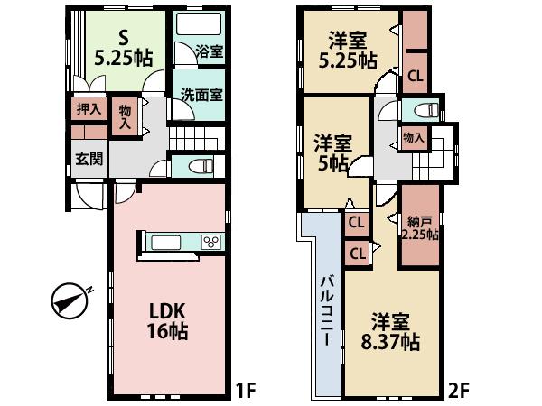 Floor plan. (Building 2), Price 37.5 million yen, 3LDK+S, Land area 108.69 sq m , Building area 97.4 sq m