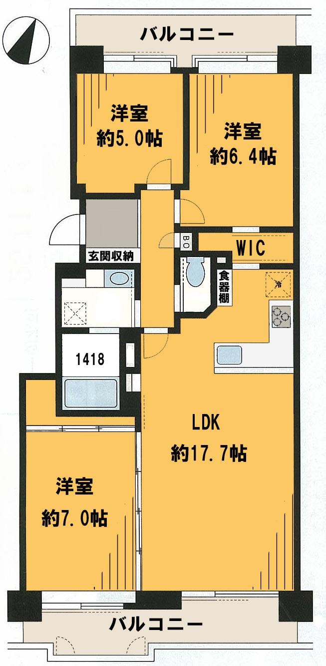 Floor plan. 3LDK, Price 39,800,000 yen, Occupied area 77.91 sq m , Balcony area 17.11 sq m two-sided balcony of the bright rooms