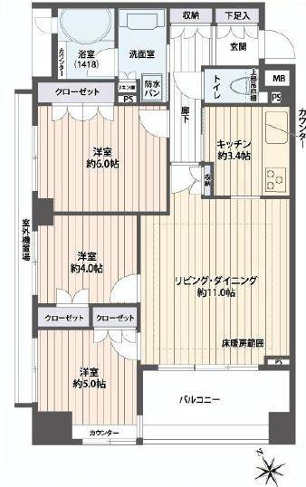 Floor plan. 3LDK, Price 35,800,000 yen, Occupied area 66.03 sq m , Balcony area 7.22 sq m