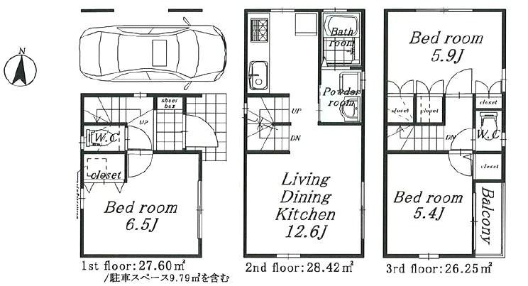 Floor plan. (A Building), Price 31,800,000 yen, 3LDK, Land area 48.44 sq m , Building area 82.27 sq m