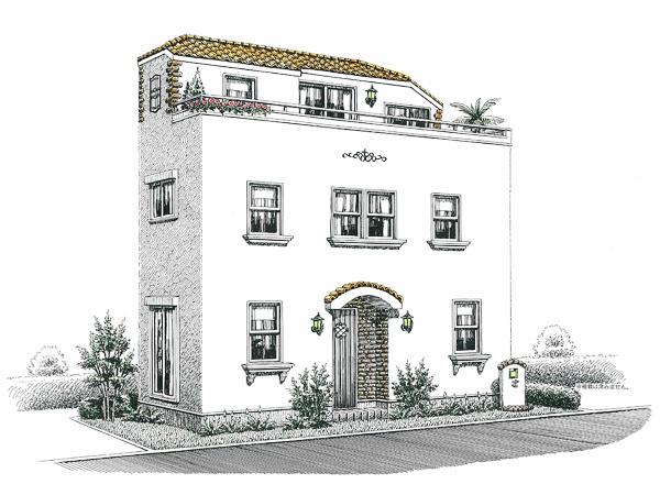 Rendering (appearance). White outer wall and orange contrast of unglazed tiles is a great house. Rendering