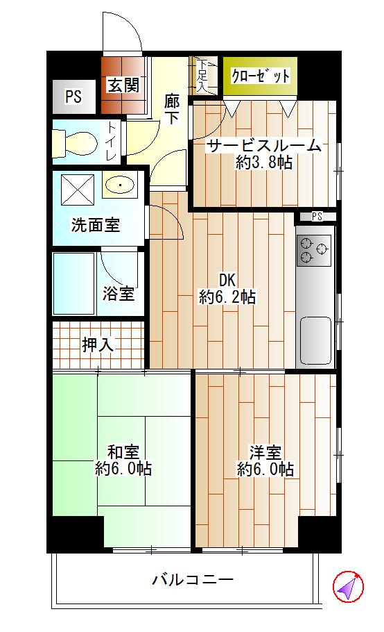 Floor plan. 2DK + S (storeroom), Price 18,800,000 yen, Occupied area 50.54 sq m , Balcony area 4.9 sq m