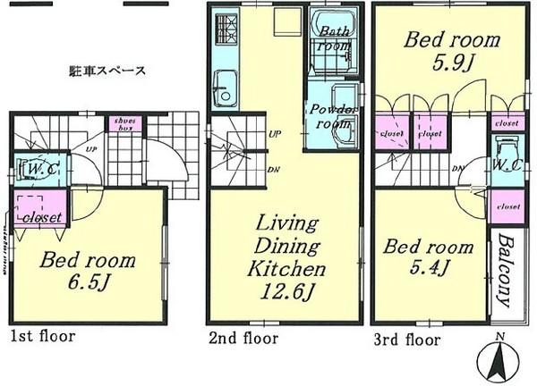 Floor plan. (A Building), Price 31,800,000 yen, 3LDK, Land area 48.44 sq m , Building area 82.27 sq m