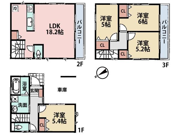 Floor plan. (L Building), Price 36,800,000 yen, 4LDK, Land area 58.25 sq m , Building area 102.06 sq m